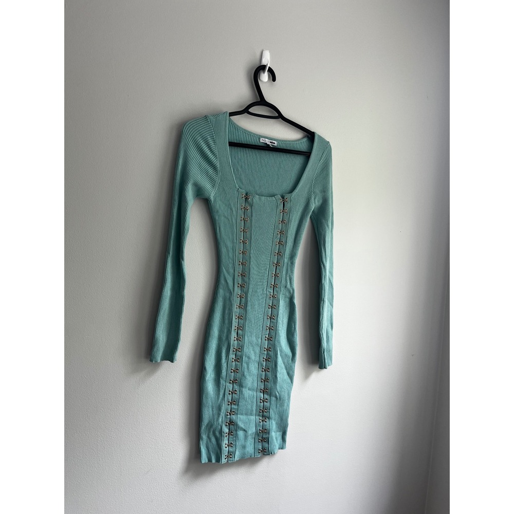 Fashion Nova Sage Green‎ Ribbed Hook and Eye Bodycon Mini Dress Long Sleeve M
